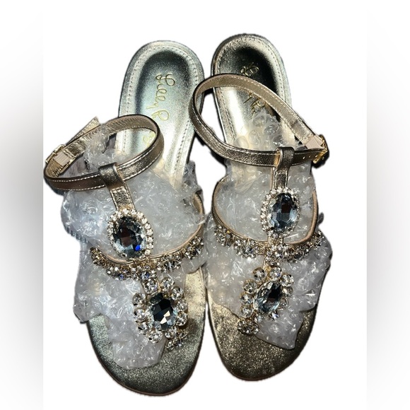 Lilly Pulitzer Glamorous Gold and Silver Jeweled Sandals with Ankle Straps, 7.5M - Picture 13 of 14